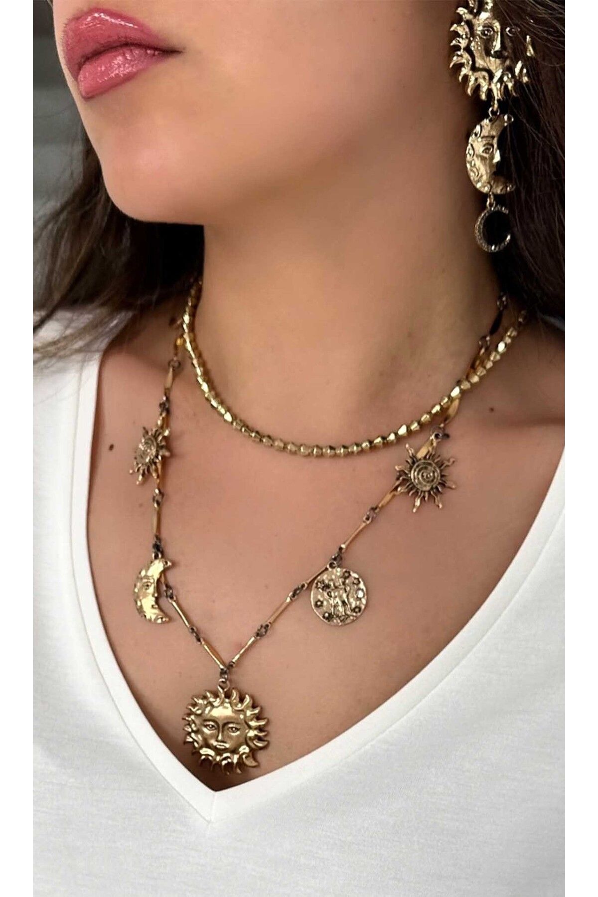 BYP Atelier Taşlı Ay ve ve Güneş Kolye Gold