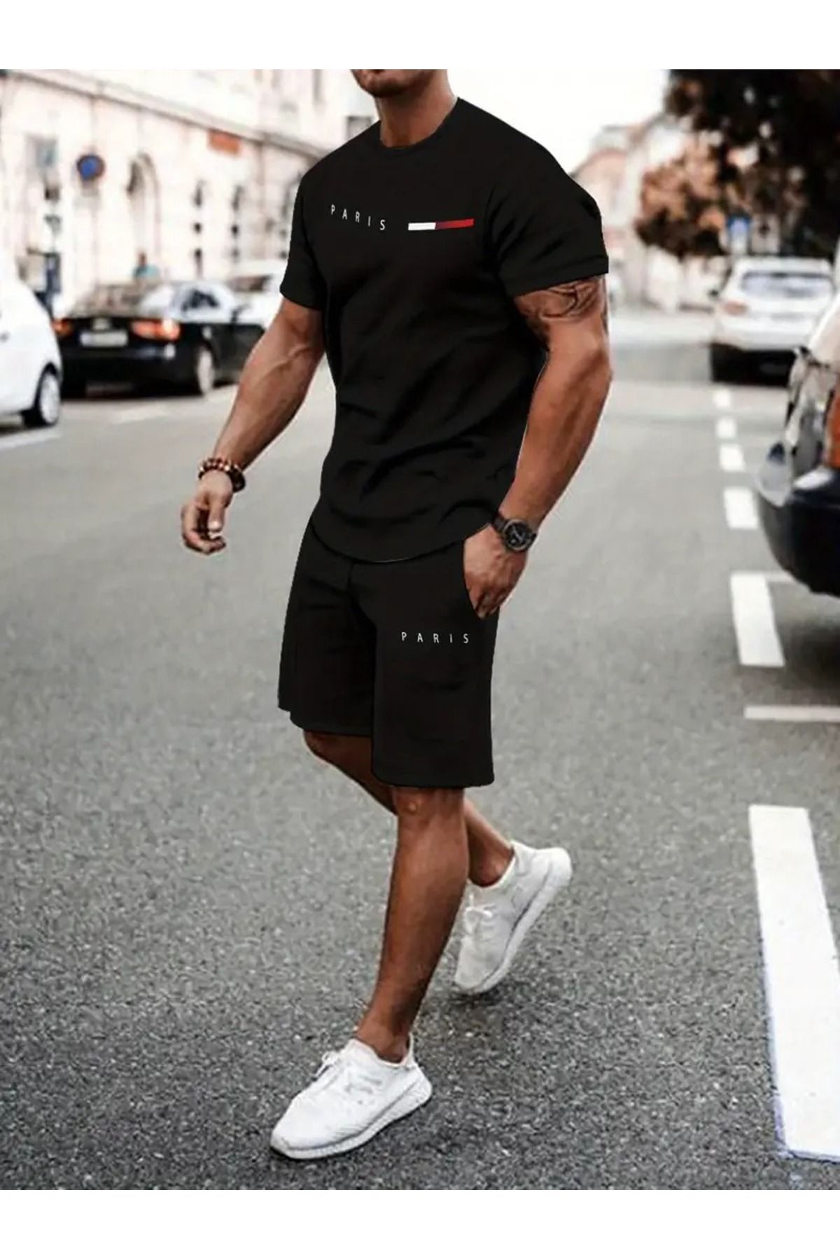 LAND MODA Erkek "Paris" Grafik T-Shirt ve Şort Seti - Siyah, Nefes Alabilen Polyester, Yaz, Açık
