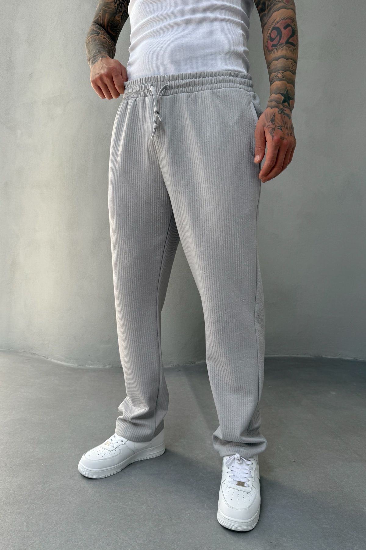 MADZEYMODA Full Likralı Süper Esnek Gri Erkek Baggy Kalıp Fitilli Jogger KE-5030
