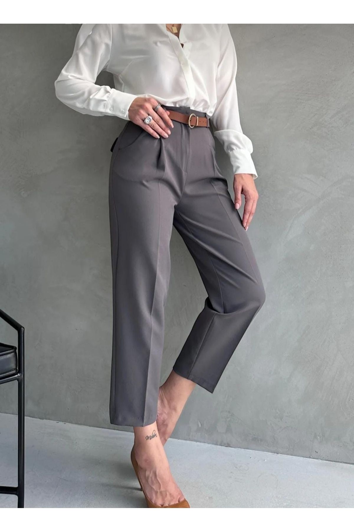VOGUEMET Kadın Kumaş Havuç Pantolon – Arka Lastikli Rahat Kalıp – Ofis Stil