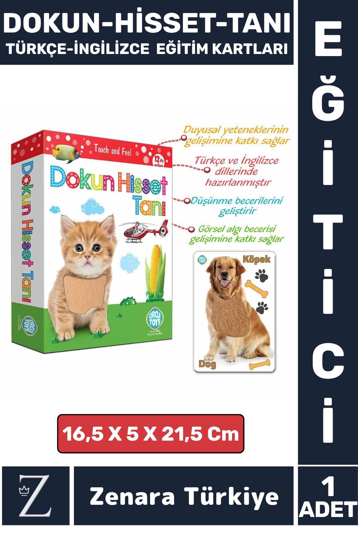 Zenara Çocuk Eğitici Görsel Algı Dil Gelişimi Eğlenceli DOKUN-HİSSET-TANI Türkçe-İngilizce Eğitim Kartları