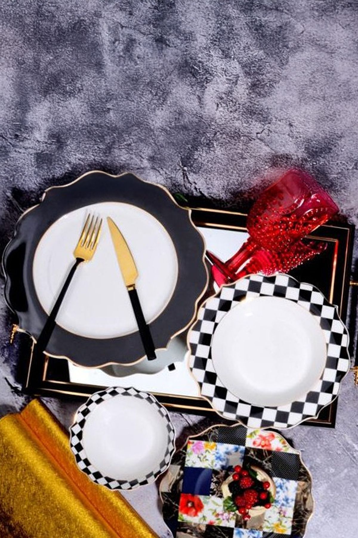 Home Noirpatch 24 Parça Yaldız Süslemeli Bone China 6 Kişilik Sofra Yemek Takımı