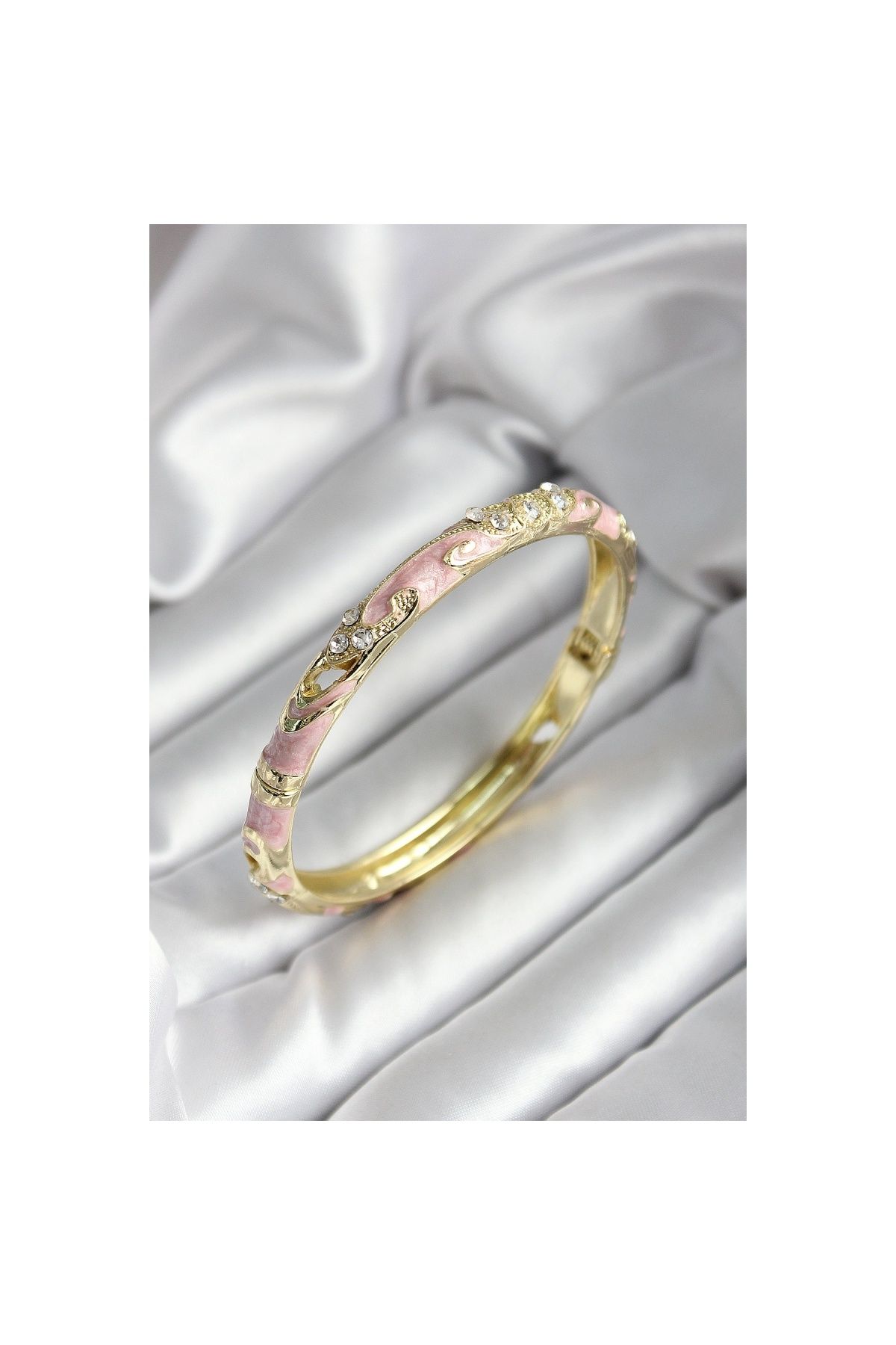 Findit Mineli Pirinç Pembe Çiçek Desenli Gold Renk Kadın Kelepçe