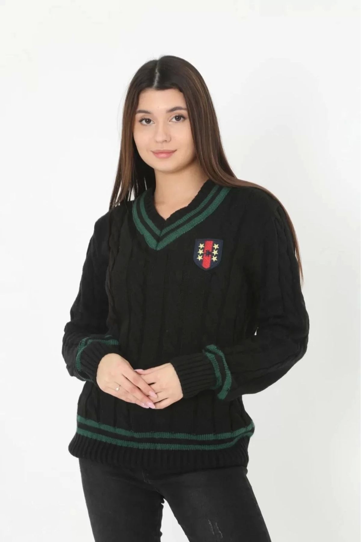 Robahood Kadın V Yaka Örgülü Kazak - Siyah