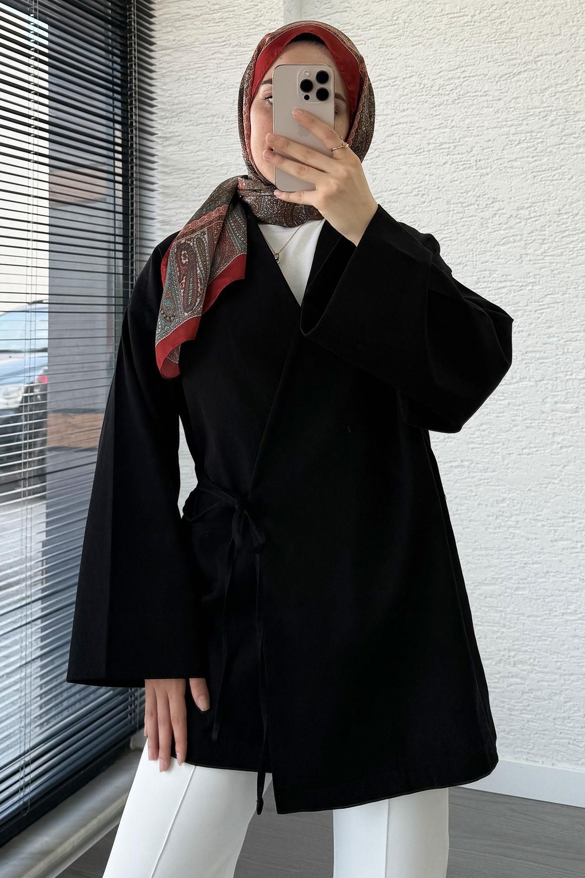 MELEK ARAZ Anvelop Bağlamalı Kimono-Siyah