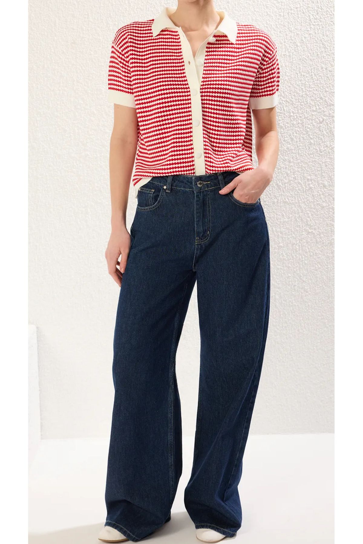 Noi Belis Kırmızı Çizgili Polo Yaka Yazlık Bluz SS25BZ0005