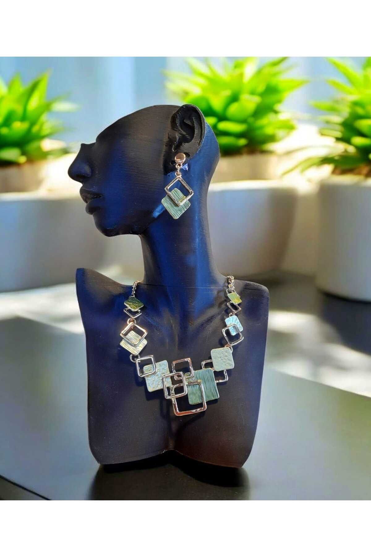 Satori Design Retro Model Şık Gold&Yeşil Kolye Küpe Set