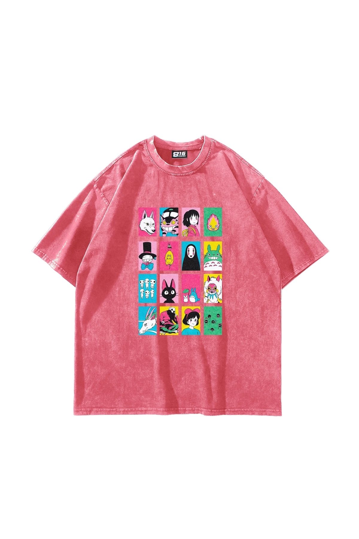 Sekizbiraltı Ghibli Baskılı Oversize Unisex Yıkamalı Pembe Tshirt