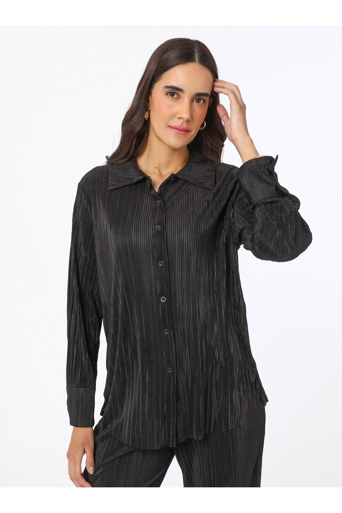 Refka-Button Detailed Trousers & Shirt Double Set - Black- Refka 3