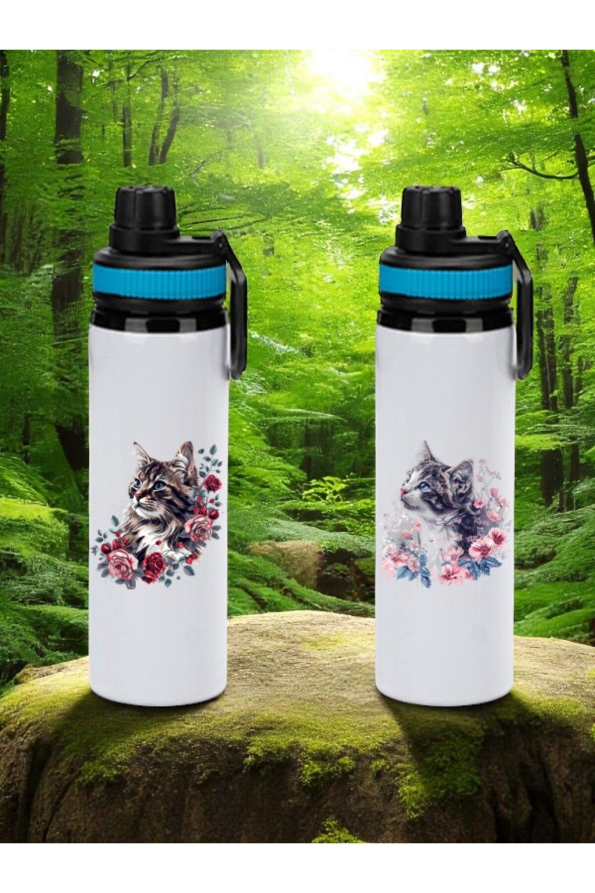 lili hediyelik Çiçekli Kedi Baskılı 2'li Mavi Kapaklı Matara 850 ml