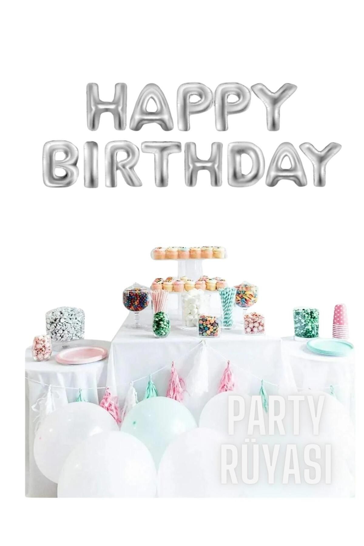 partyrüyası Gümüş Happy Birthday Folyo Balon Seti 16 Inç 40 Cm