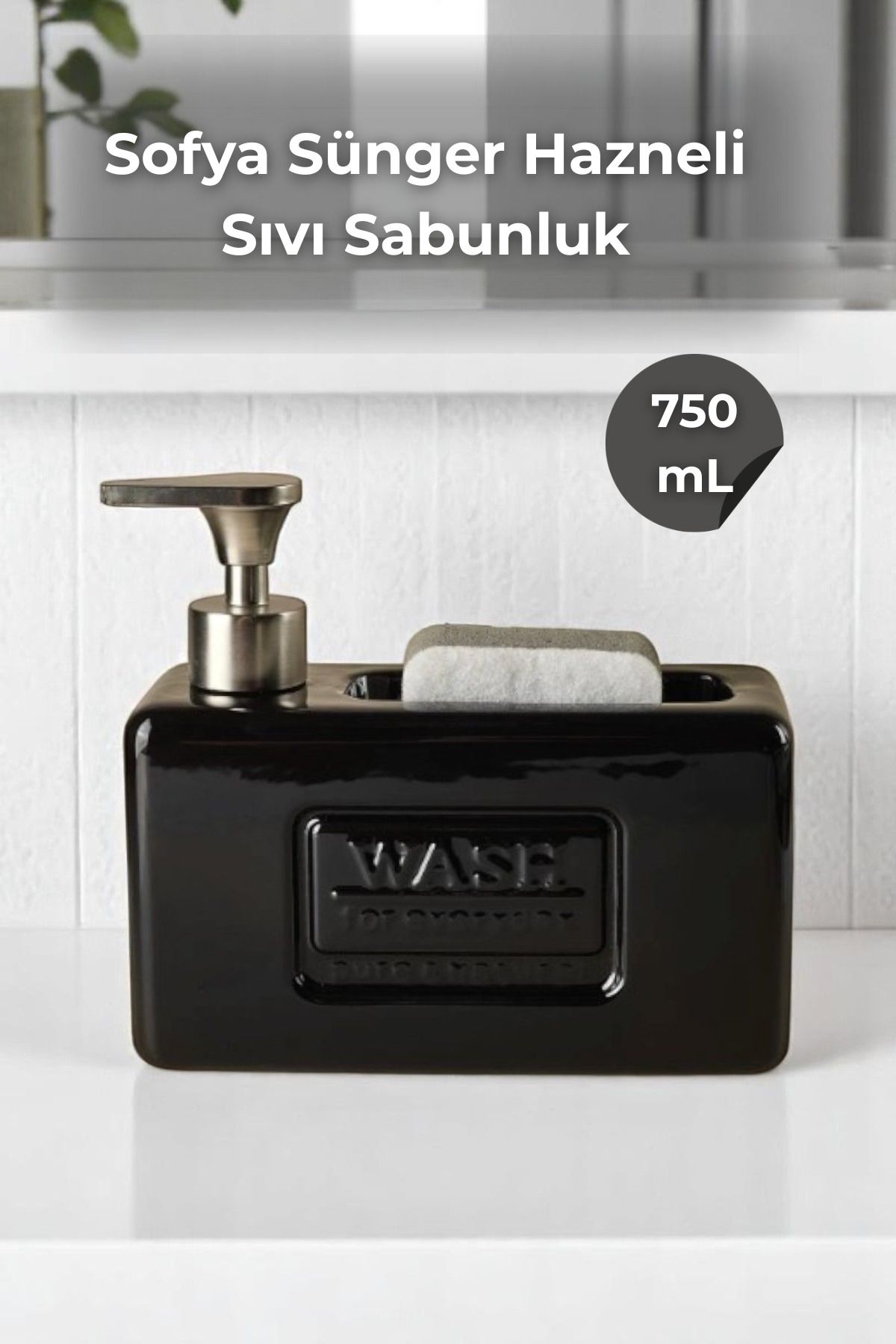 Sevinse Home Sofya Sünger Hazneli Sıvı Sabunluk Siyah Seramik 750 mL