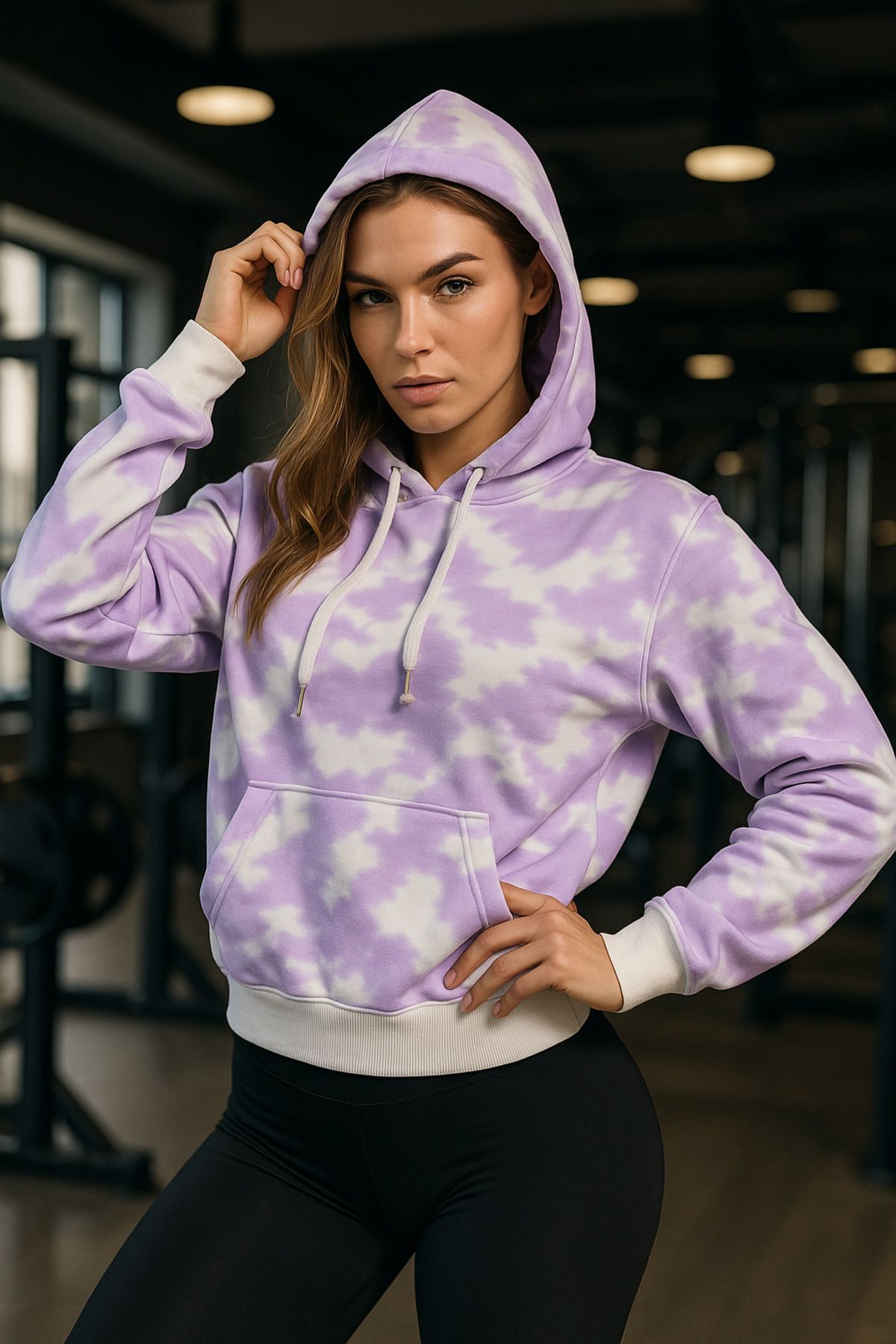 Rich Kadın Batik Desen Renkli Oversize Relaxed Uzun Kollu Kapüşonlu Sweatshirt