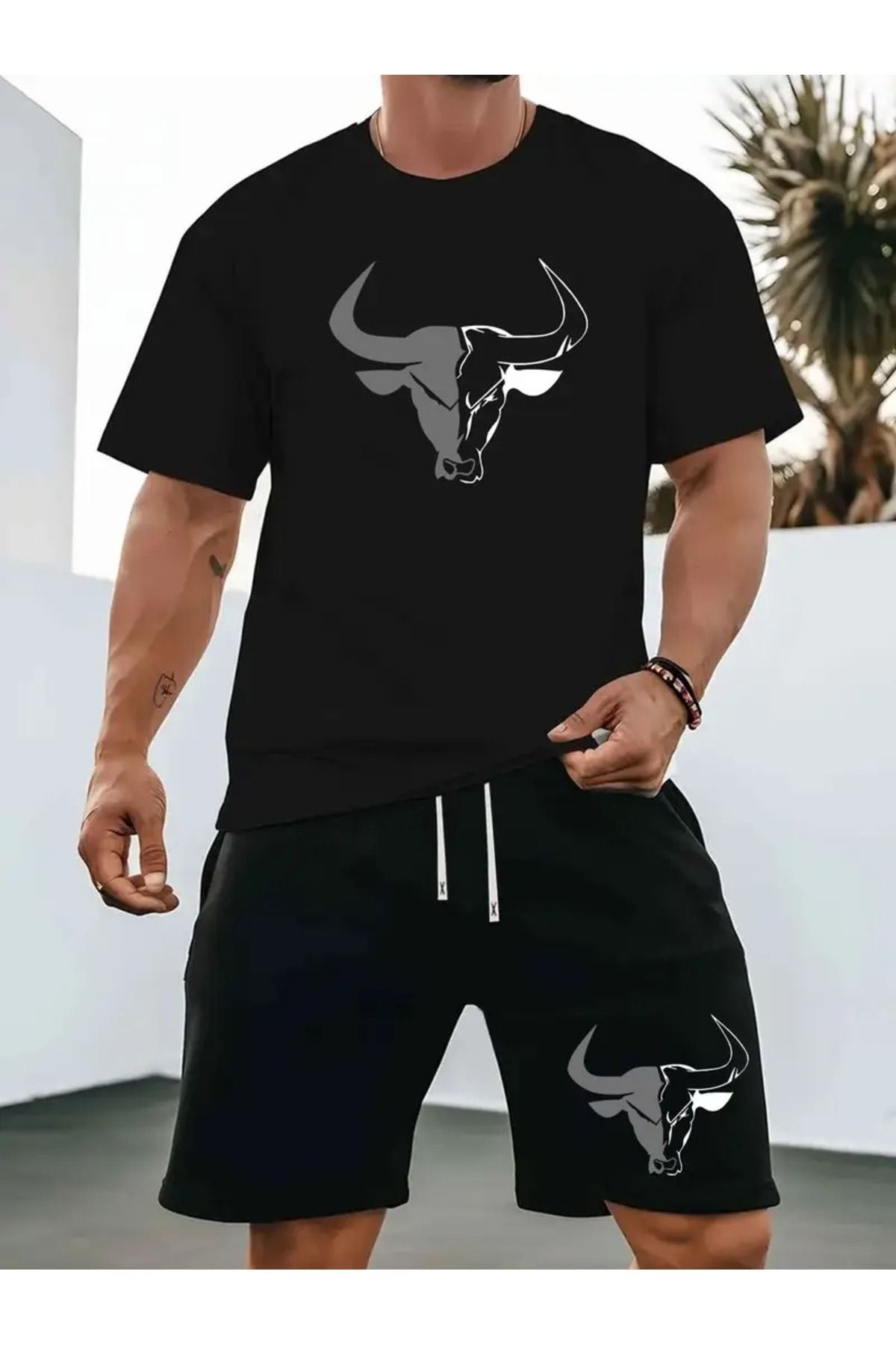 LAND MODA Yeni Yaz Erkek Rahat Spor Takımı, Yuvarlak Yaka T-Shirt, Kısa Kollu + Şort, Örme Kumaş, Böriği Başı