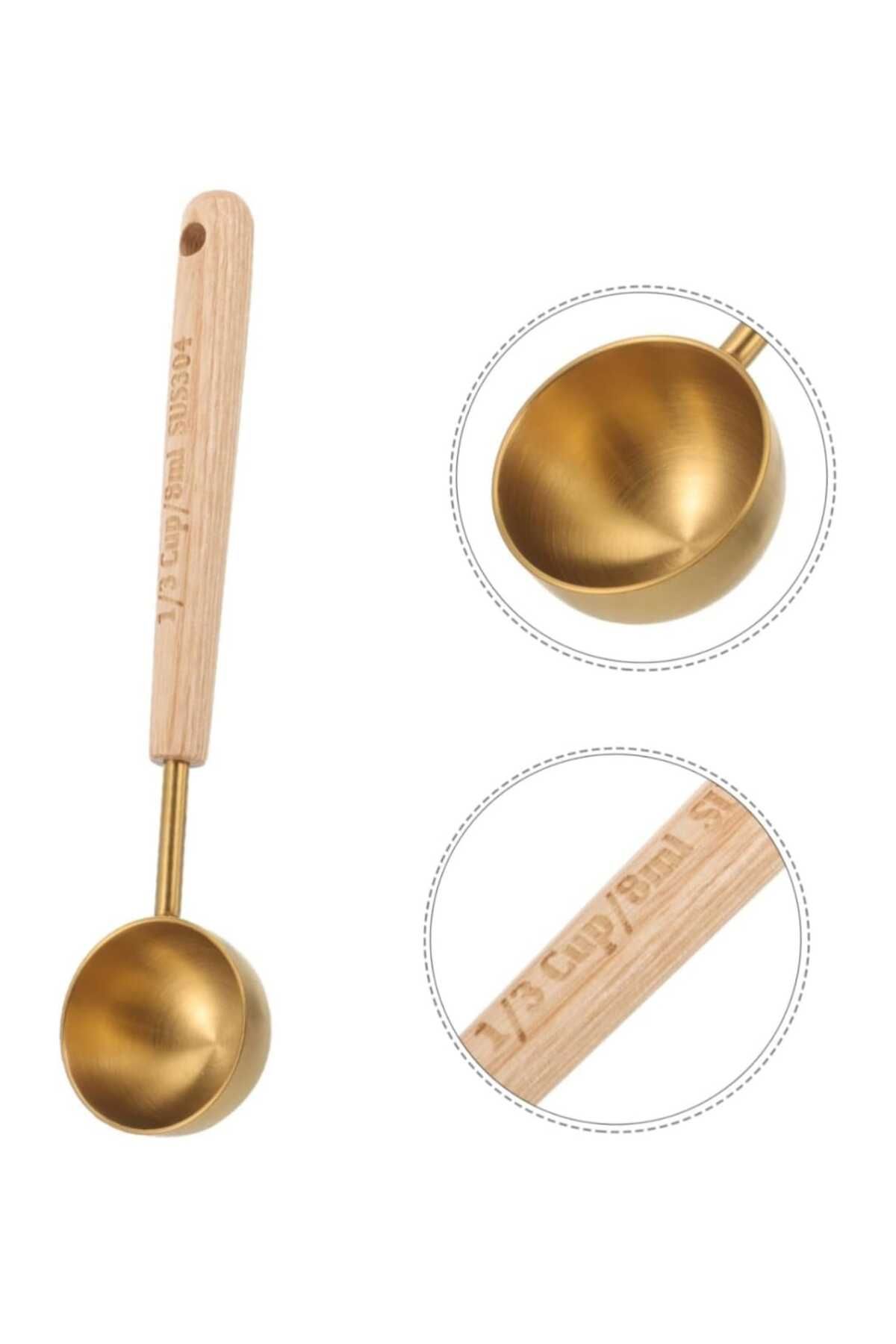 elfnur Gold Paslanmaz Çelik Ahşap Saplı Ölçü Kaşığı Premium Kalite