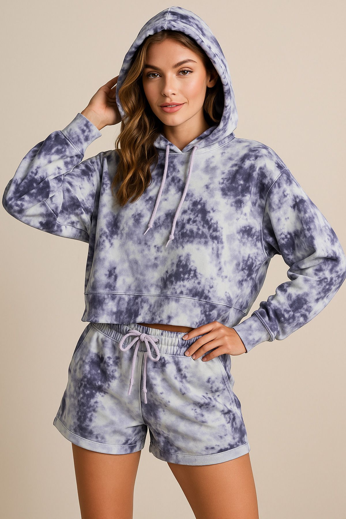 Rich Kadın Lila Kapüşonlu Sweatshirt-Şortlu Alt Üst Takım Oversize Batik Desen İkili Takım