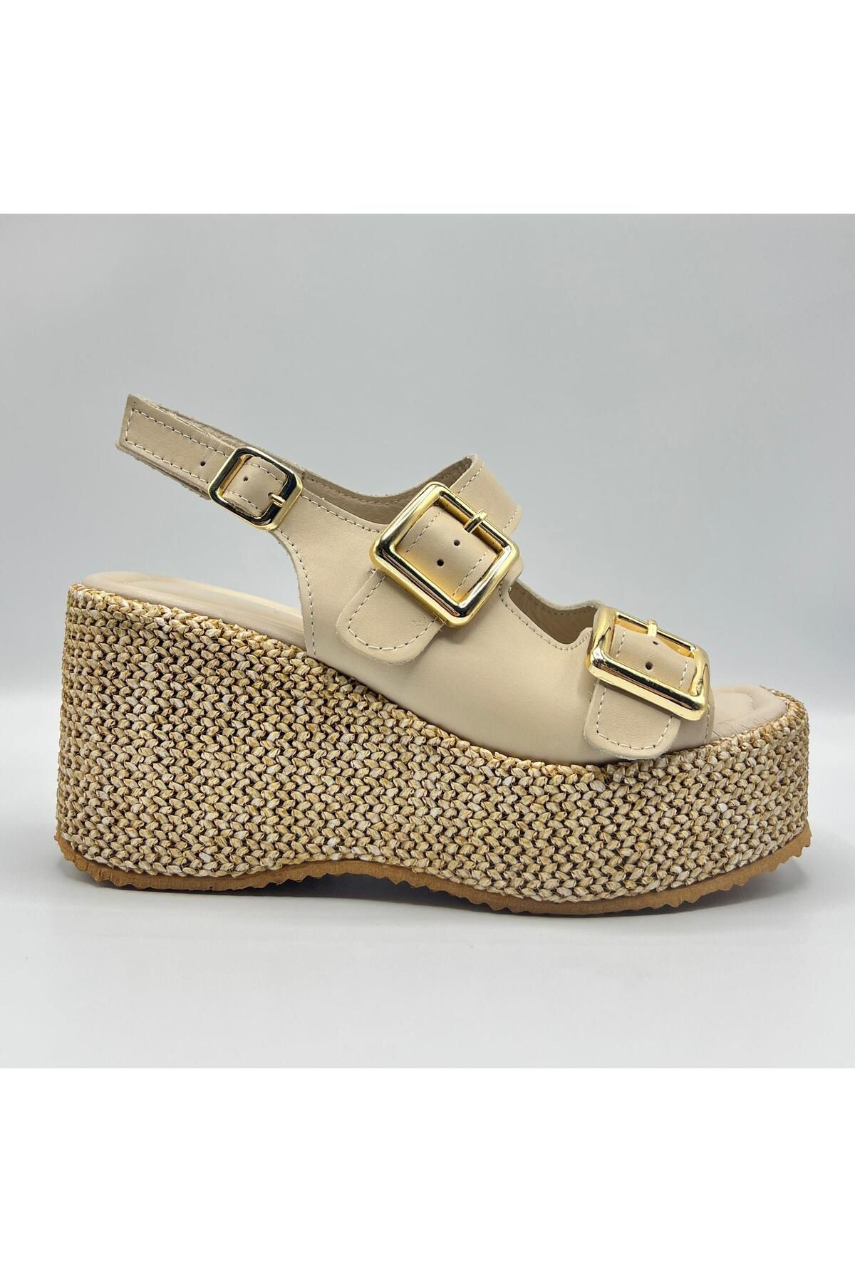 Ametist Exclusive Frida Bej Deri Dolgu Topuk Sandalet