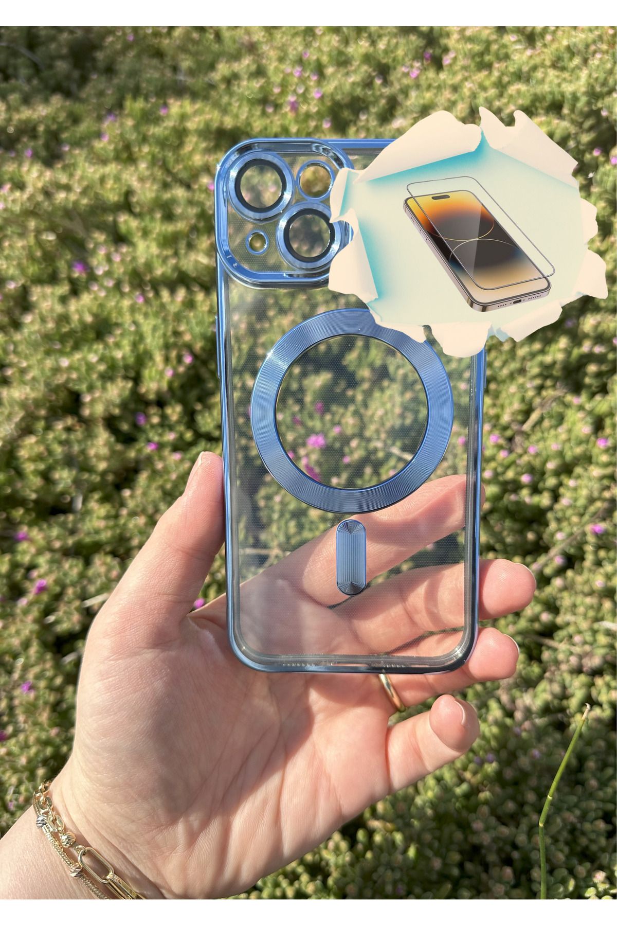 CNL iPhone 14 Uyumlu Kamera Lens Korumalı Şeffaf Magsafeli Kenarı Gümüş Renk Kılıf Kırılmaz Cam Hediyeli