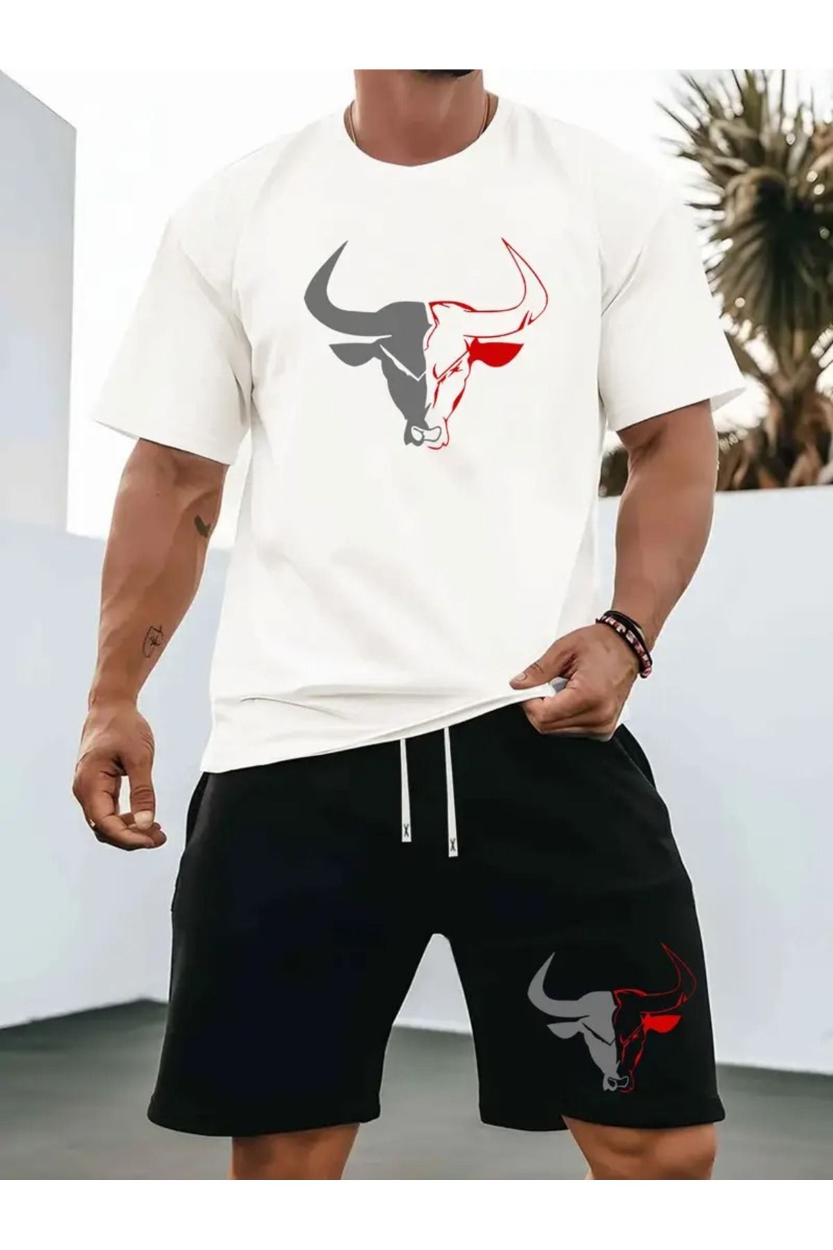 LAND MODA Yeni Yaz Erkek Rahat Spor Takımı, Yuvarlak Yaka T-Shirt, Kısa Kollu + Şort, Örme Kumaş, Böriği Başı