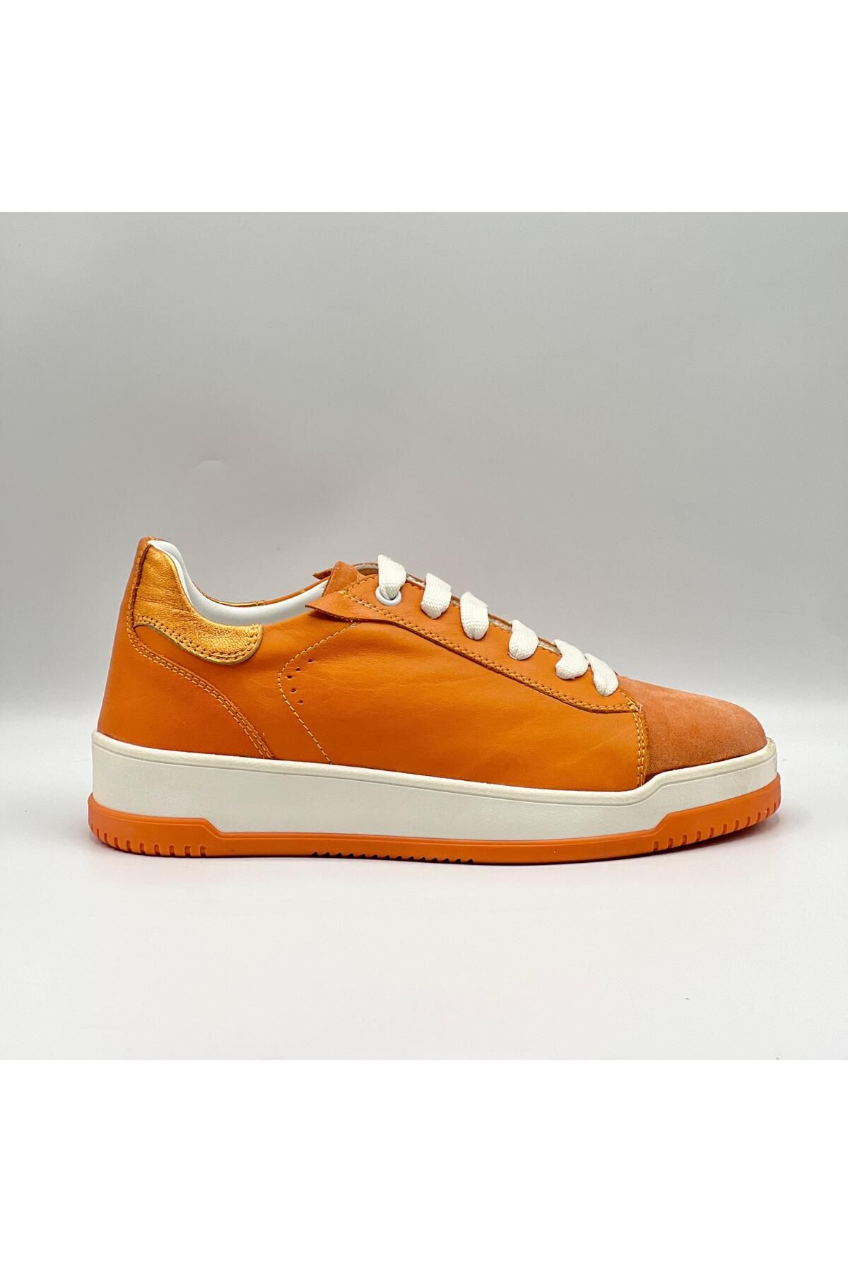 Ametist Pia Turuncu Kadın Sneaker - Hakiki Deri & Süet | Rahat Tabanlı Spor Ayakkabı