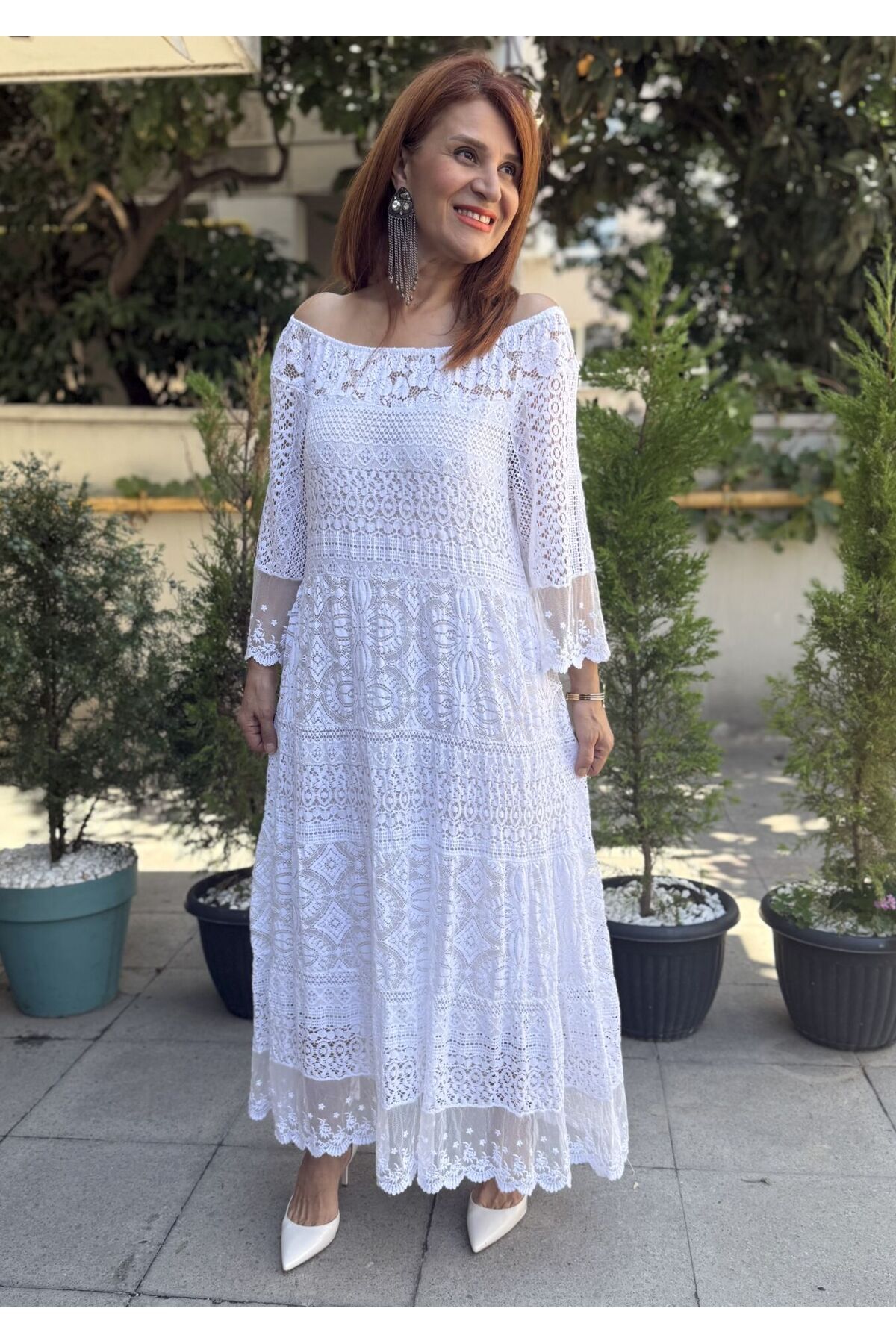 DenizEge İtalyan Pul Detaylı Güpür Elbise Beyaz