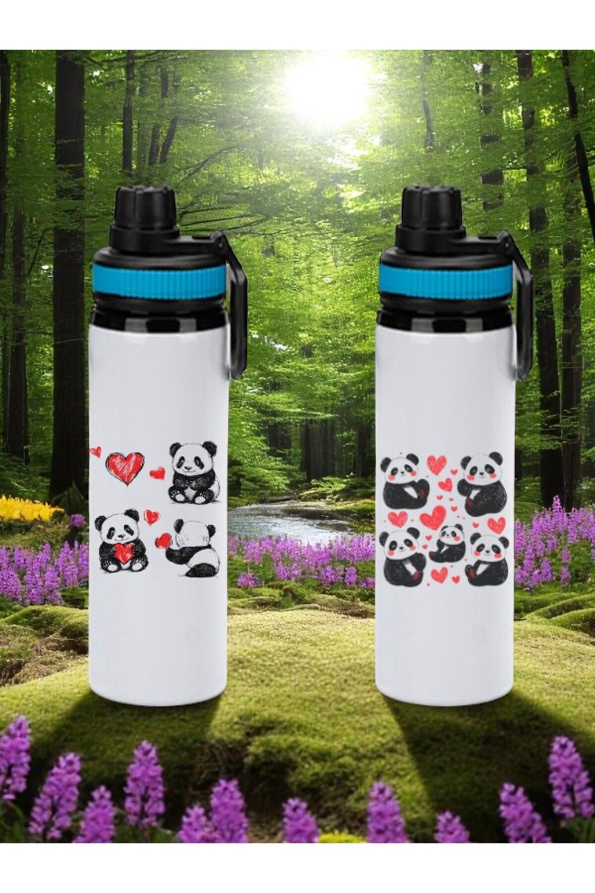 lili hediyelik Panda Baskılı 2'li Mavi Kulplu Matara Suluk 850 ml