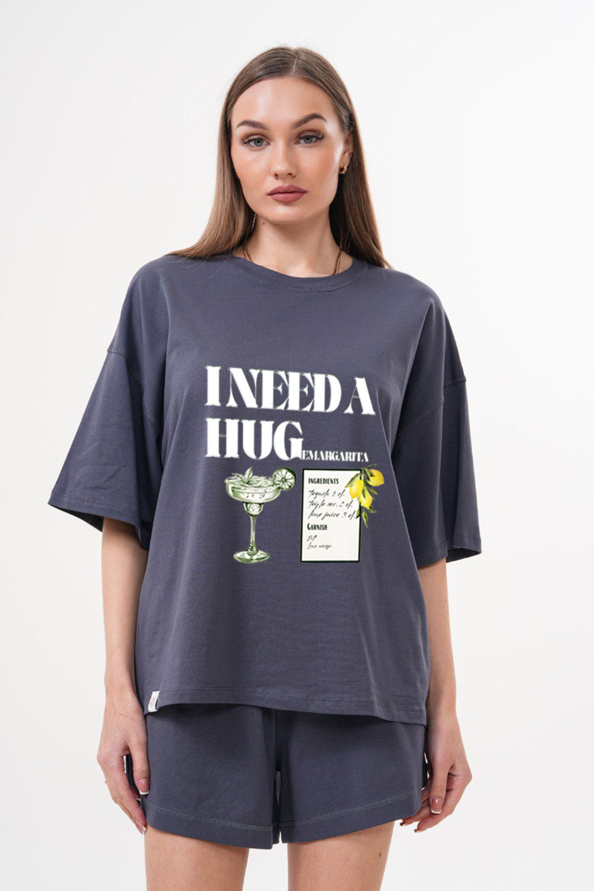 JANSO GROUP -KADIN BASKILI -İ Need- KISA KOLLU TSHIRT BÜYÜK BEDEN OVERSIZE PAMUKLU