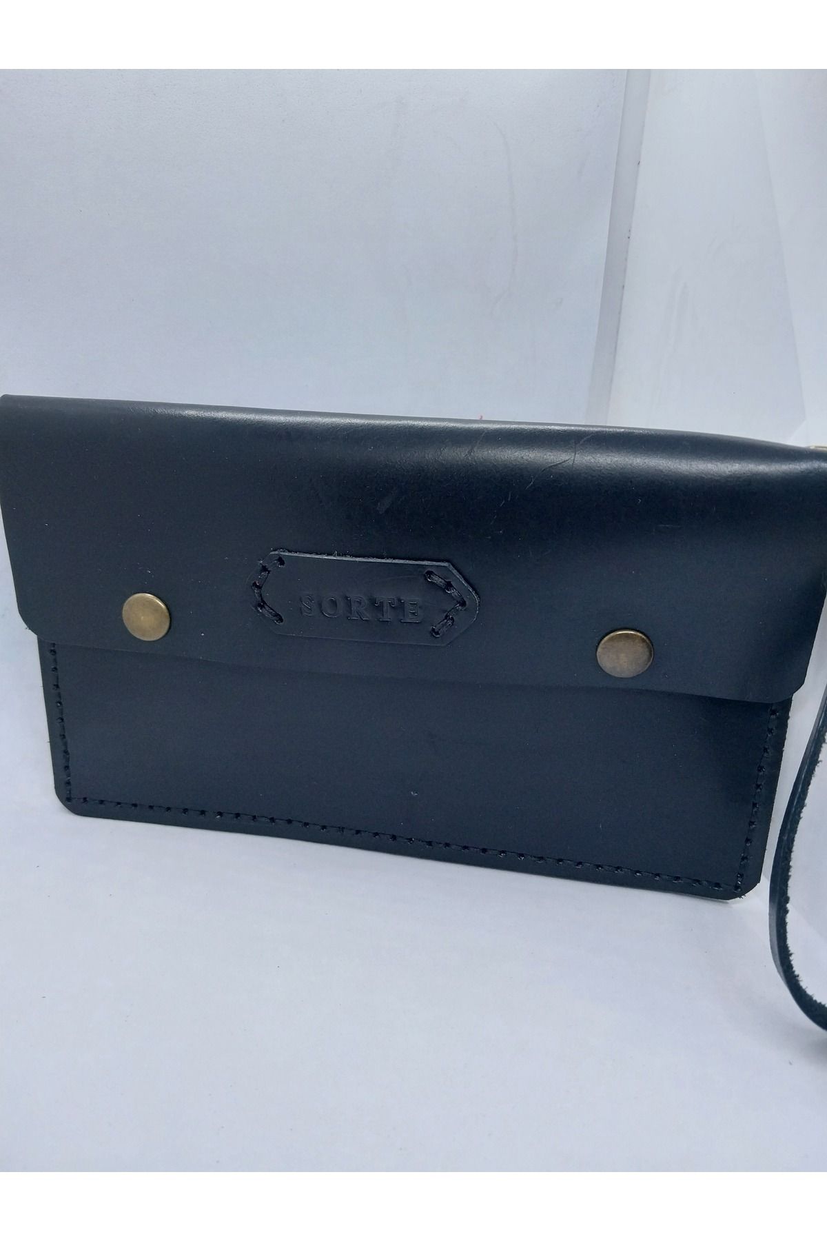 sorte store Hakiki Siyah Deri Unisex Cep Telefonluk ve Kalemlik El ve Bileklik Saplı