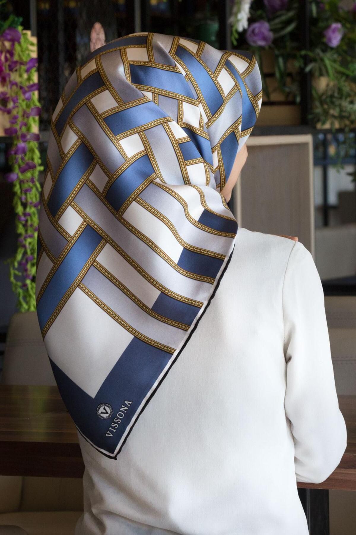 Vissona Twill İpek Eşarp İndigo, Gümüş