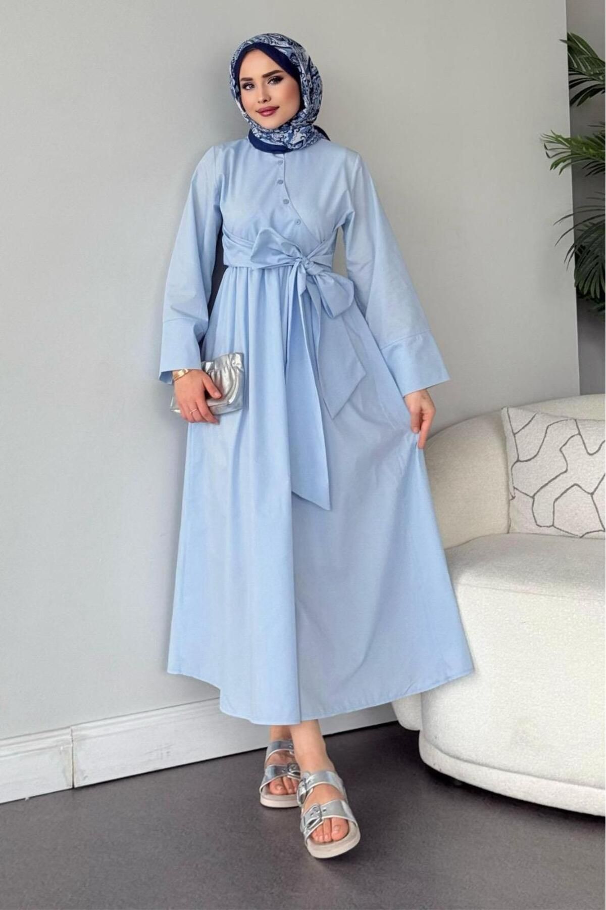 CNG MODA Beli Kuşaklı Çapraz Düğme Detaylı Poplin Elbise