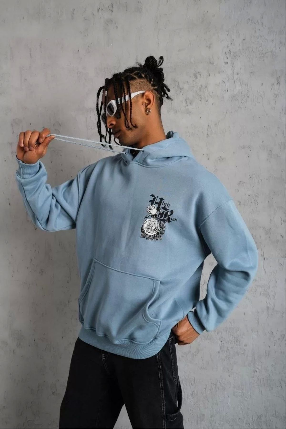 Robahood Erkek Baskılı Kapşonlu Sweat - Mavi