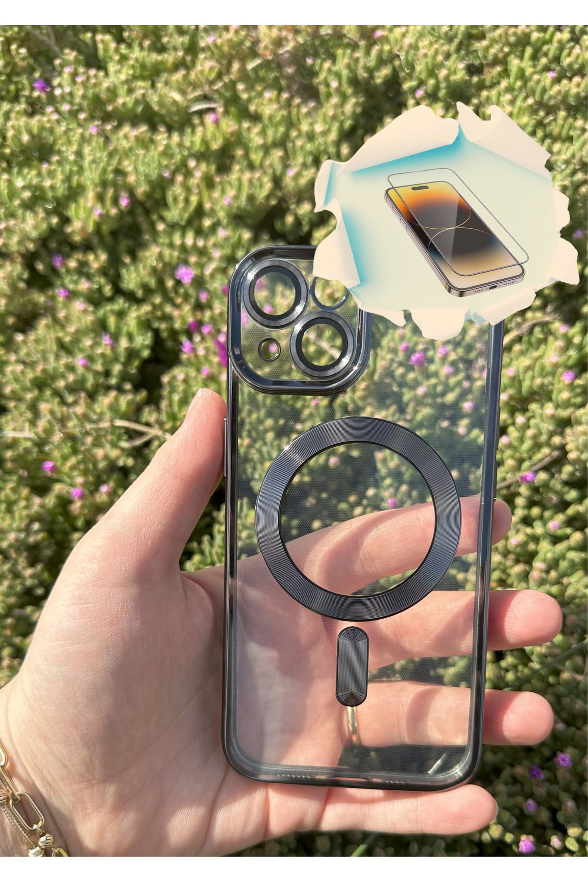 CNL iPhone 14 Uyumlu Kamera Lens Korumalı Şeffaf Magsafeli Kenarı Gümüş Renk Kılıf Kırılmaz Cam Hediyeli