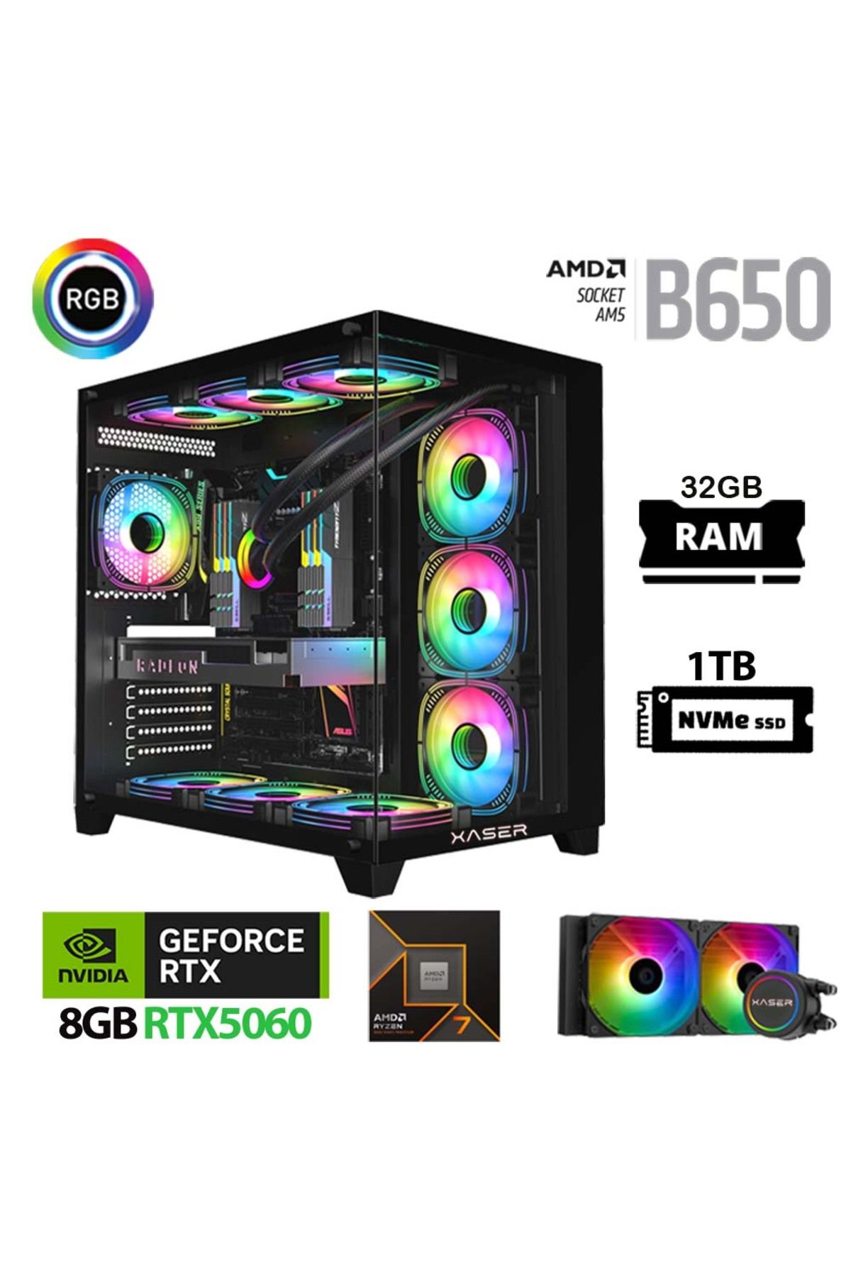 XASER Lexus x640 Ryzen 7 7800X3D 32GB Ram 1TB M.2 NVMe SSD 8GB RTX5060 Sıvı Soğutmalı Oyuncu Bilgisa