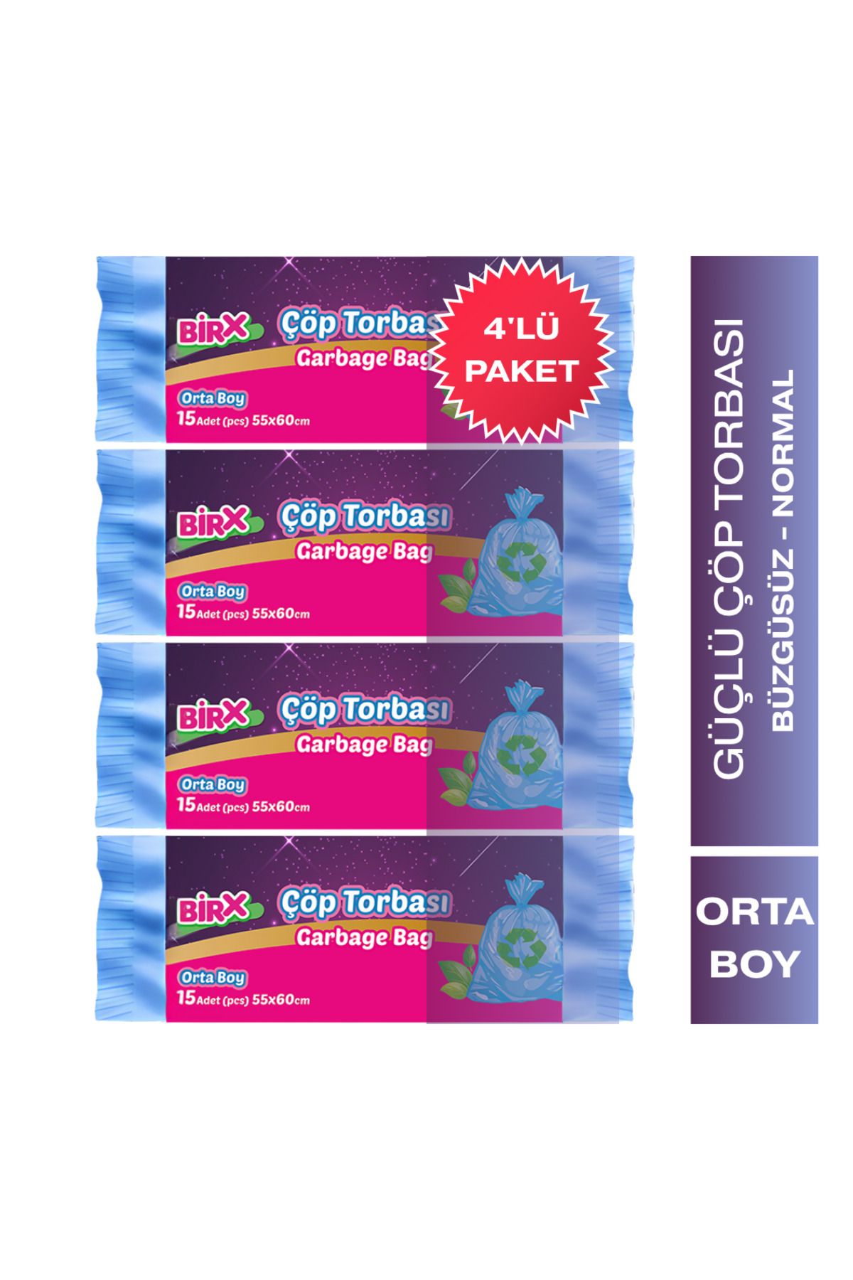BIRX Çöp Torbası Orta Boy 55x60 cm 4 Paket 60 Adet Çöp Poşeti