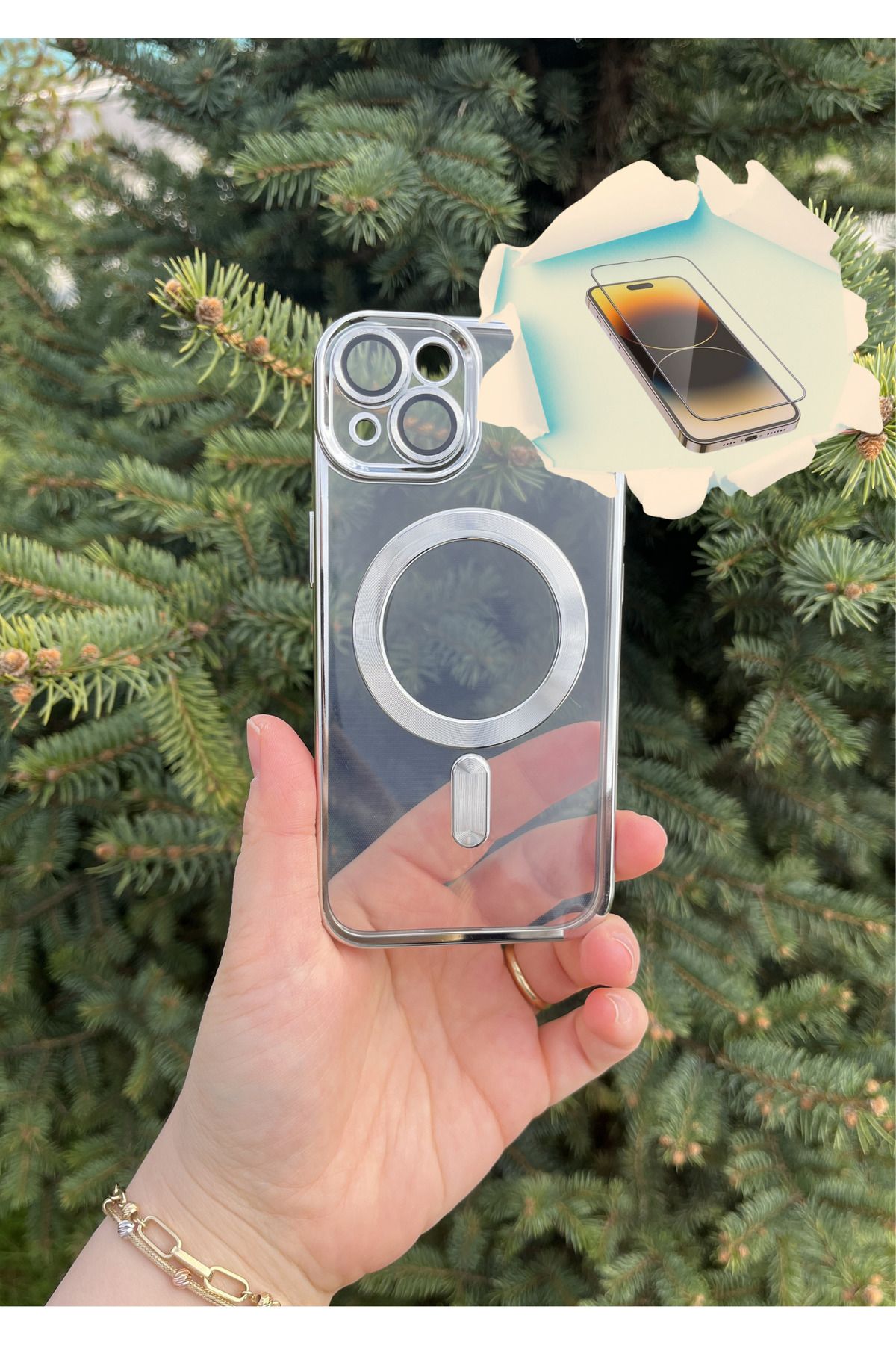 CNL iPhone 14 Uyumlu Kamera Lens Korumalı Şeffaf Magsafeli Kenarı Gümüş Renk Kılıf Kırılmaz Cam Hediyeli