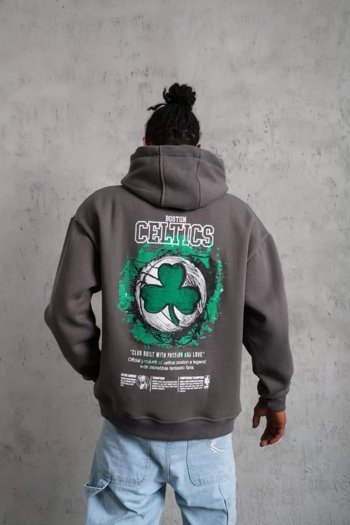 Robahood Erkek Baskılı Kapüşonlu ve Kordon İpli Sweat - Gri
