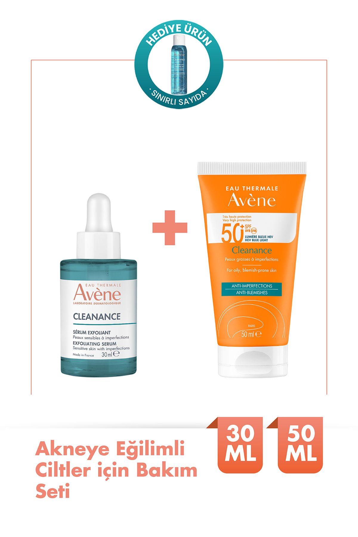 Avene Cleanance AHA Serum 30ml + SPF 50 Güneş Kremi 50ml Akne ve Yağlı Ciltler Seti