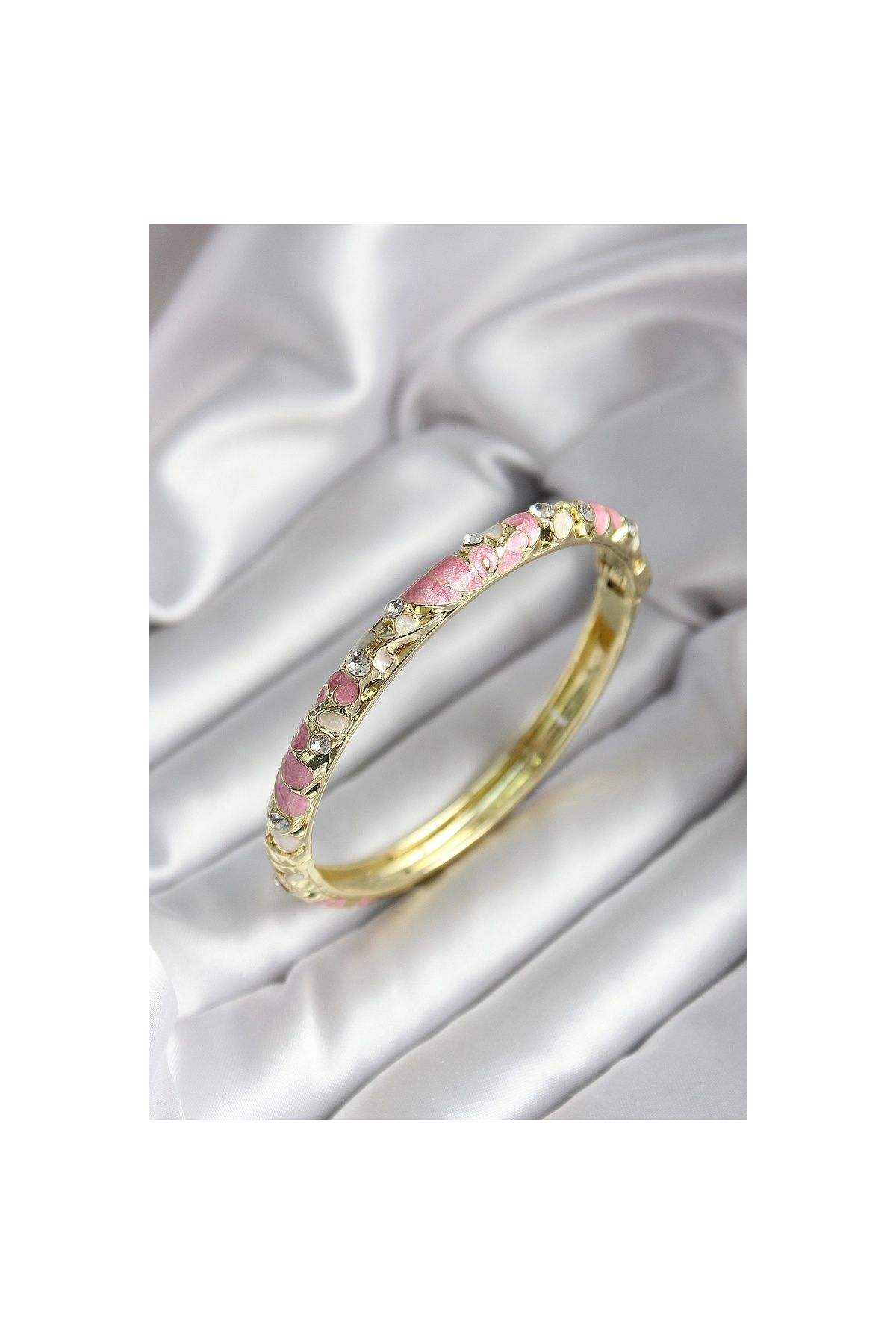 Findit Mineli Pirinç Pembe Çiçek Desenli Zirkon Taşlı Gold Renk Kadın Kelepçe