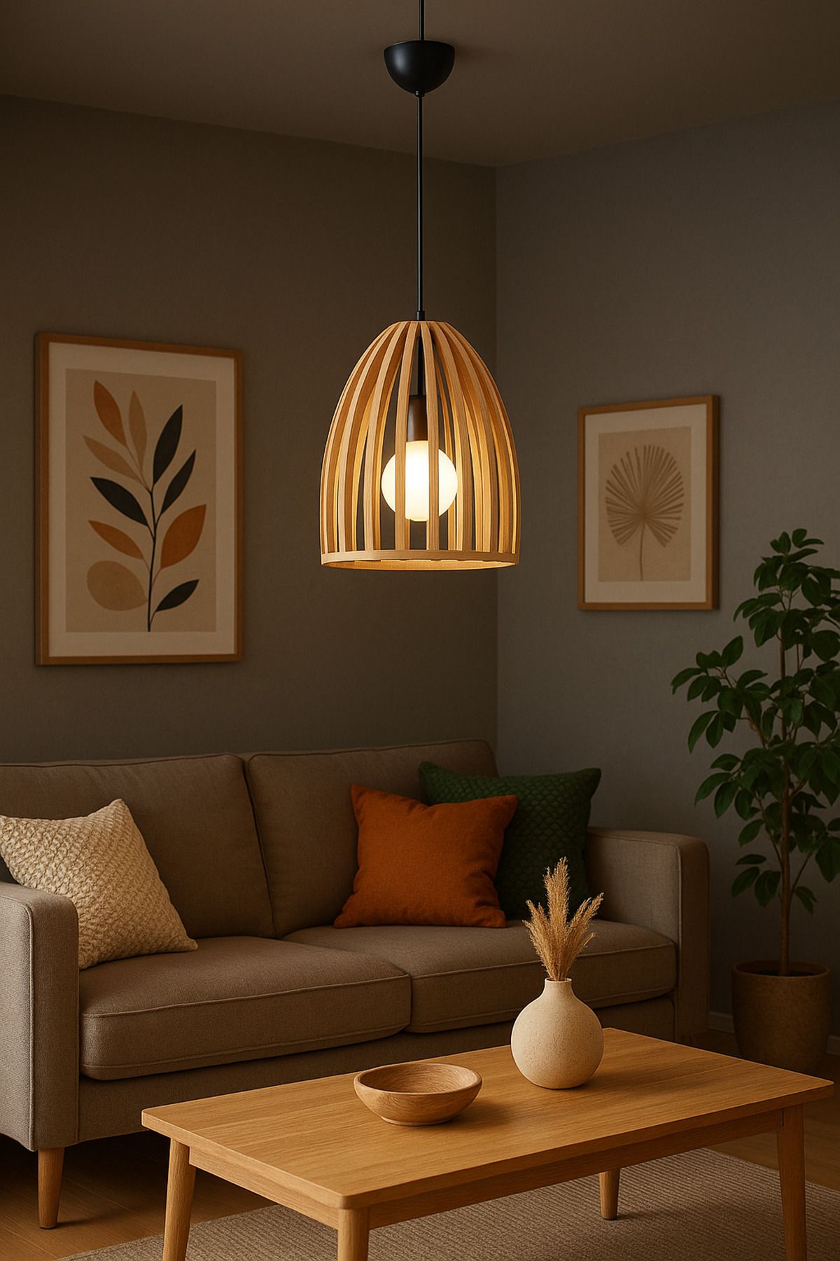 Onouqo Portofino Yuvarlak Modern Klasik Rustik Retro Vintage Naturel Dekoratif Ahşap Çıtalı Sarkıt Avize