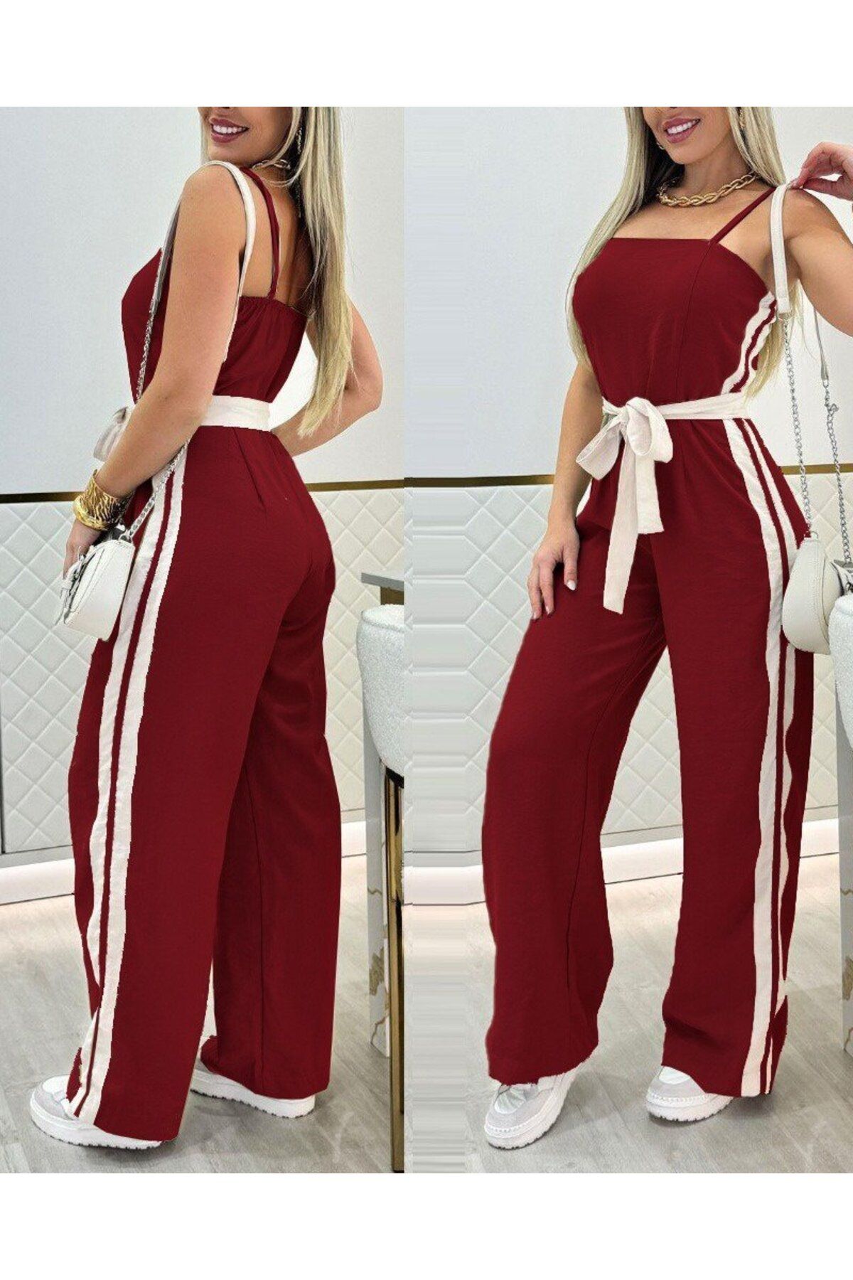 Kokosh moda Kadın Straplez İp Askılı Viskon Tulum - Kuşaklı, Yazlık Rahat Kesim