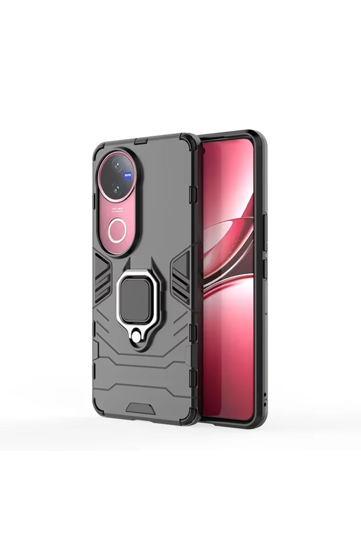 Microcase Vivo V50 5G ile Uyumlu Batman Serisi Yüzük Standlı Armor Kılıf - Siyah AL3349