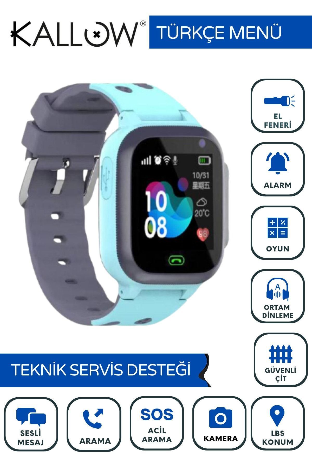 Sim Kart Girişli Akıllı Çocuk Saati Lbs Konum Ve Sos Özellikli Usb Şarjlı Mavi.
