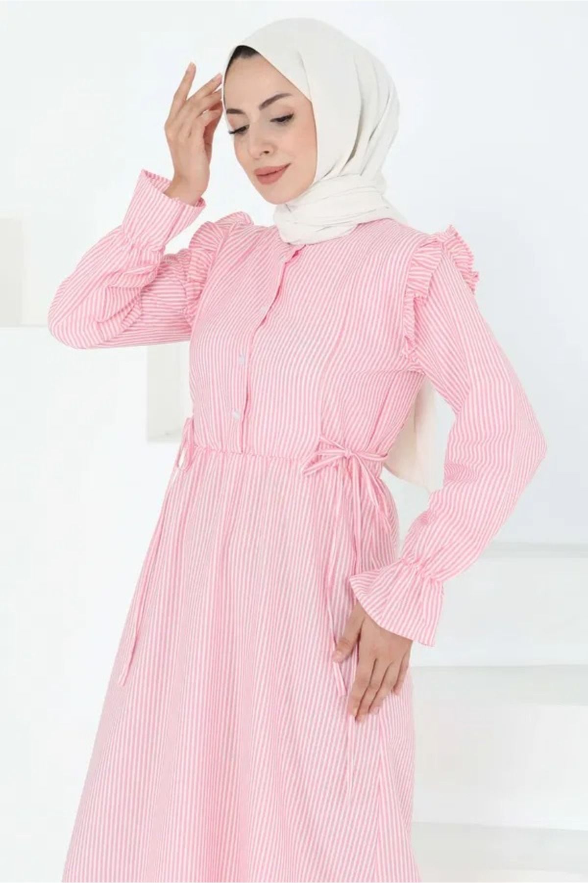 Aşkın fashion gofre çizgili bağcıklı omuzları fırfır detay uzun elbise