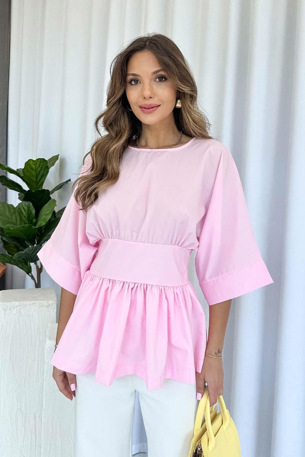 Mine Tan Butik Beli Kuşak Detaylı Tasarım Kadın Bluz - Pembe