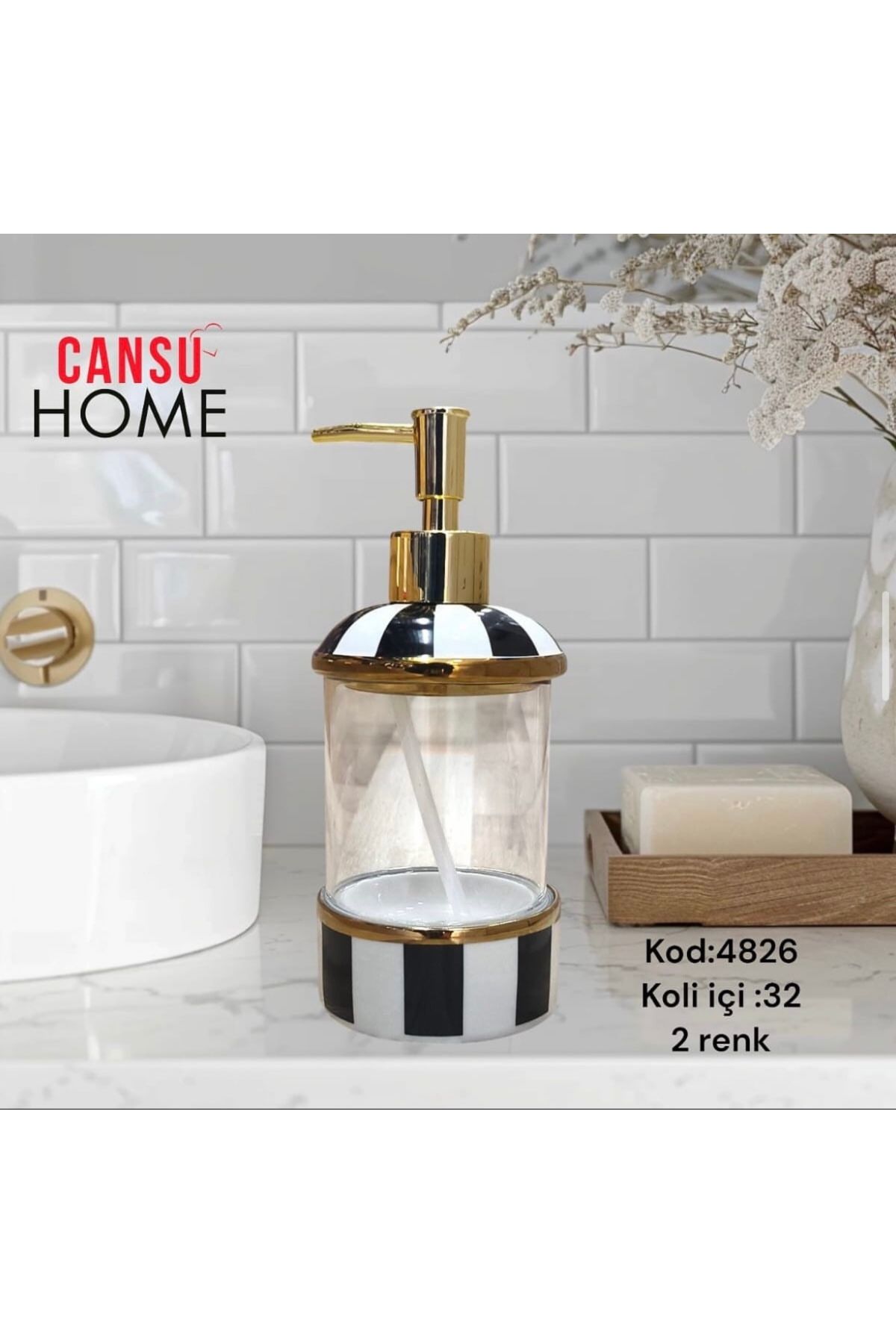 CANSU HOME Lüks Porselen Sıvı Sabunluk – Altın Detaylı, Siyah Beyaz Çizgili, Şık Banyo Aksesuarı