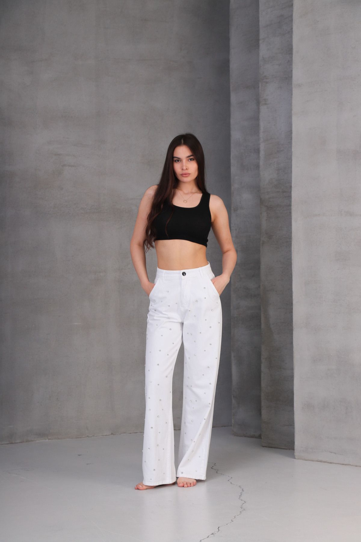moodince TAŞLI BAGGY BEYAZ JEAN