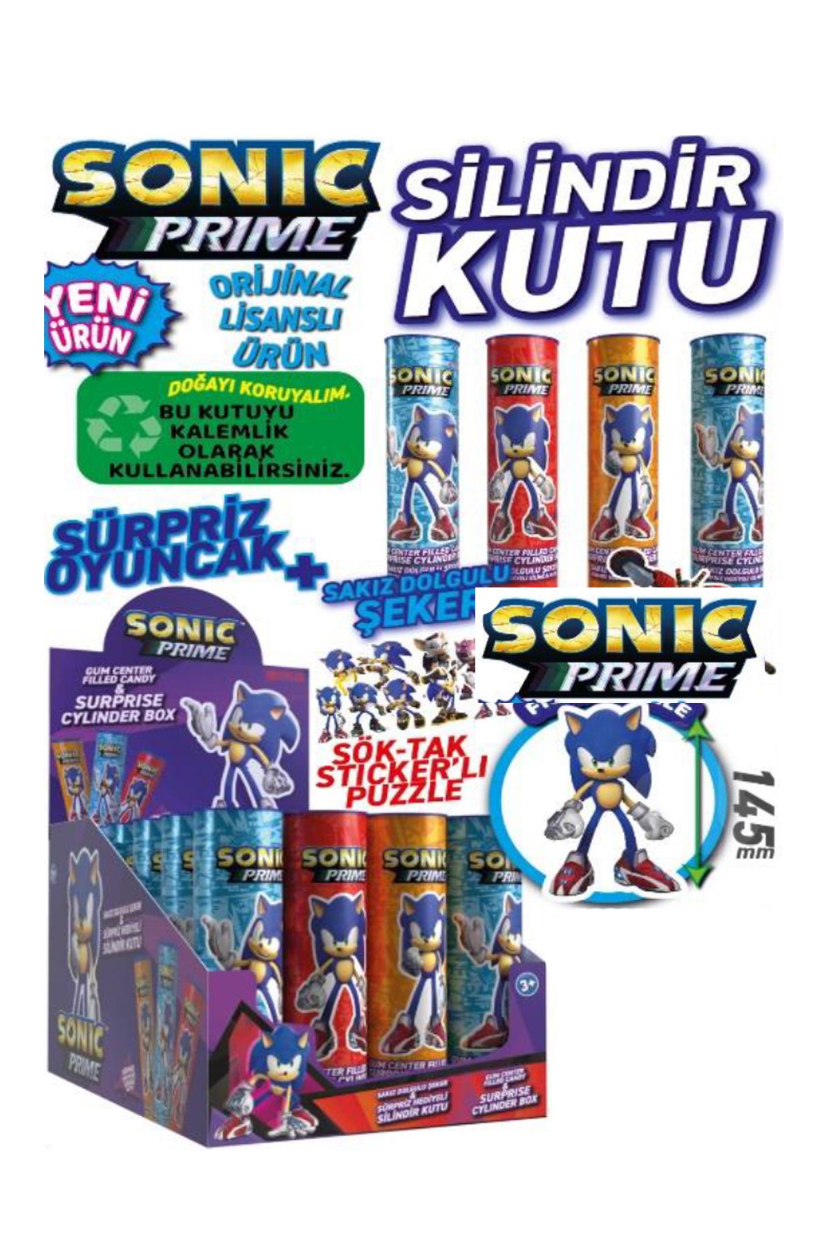 şekeyci Sonic Lisanslı Sürpriz Silindir Kutu Sakız 3 Adet