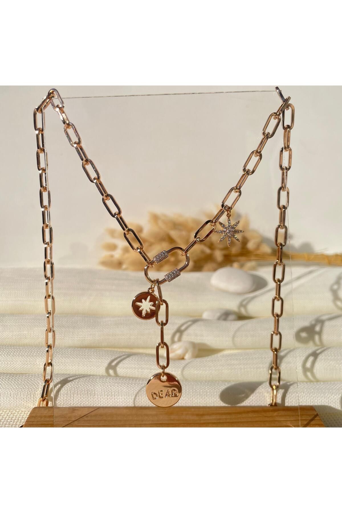 See Shine Accessory Zirkonyum Yıldız Taşlı Gold Ataç Zincir Kolye, Göksel Takılı Trend Kolye, Kararmayan Paslanmaz Çelik