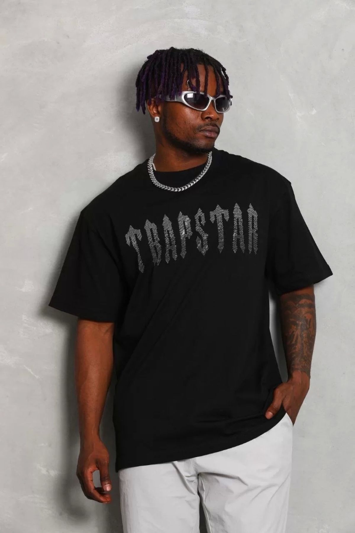 Robahood Unisex Oversize Taşlı Bisiklet Yaka T-Shirt - Siyah