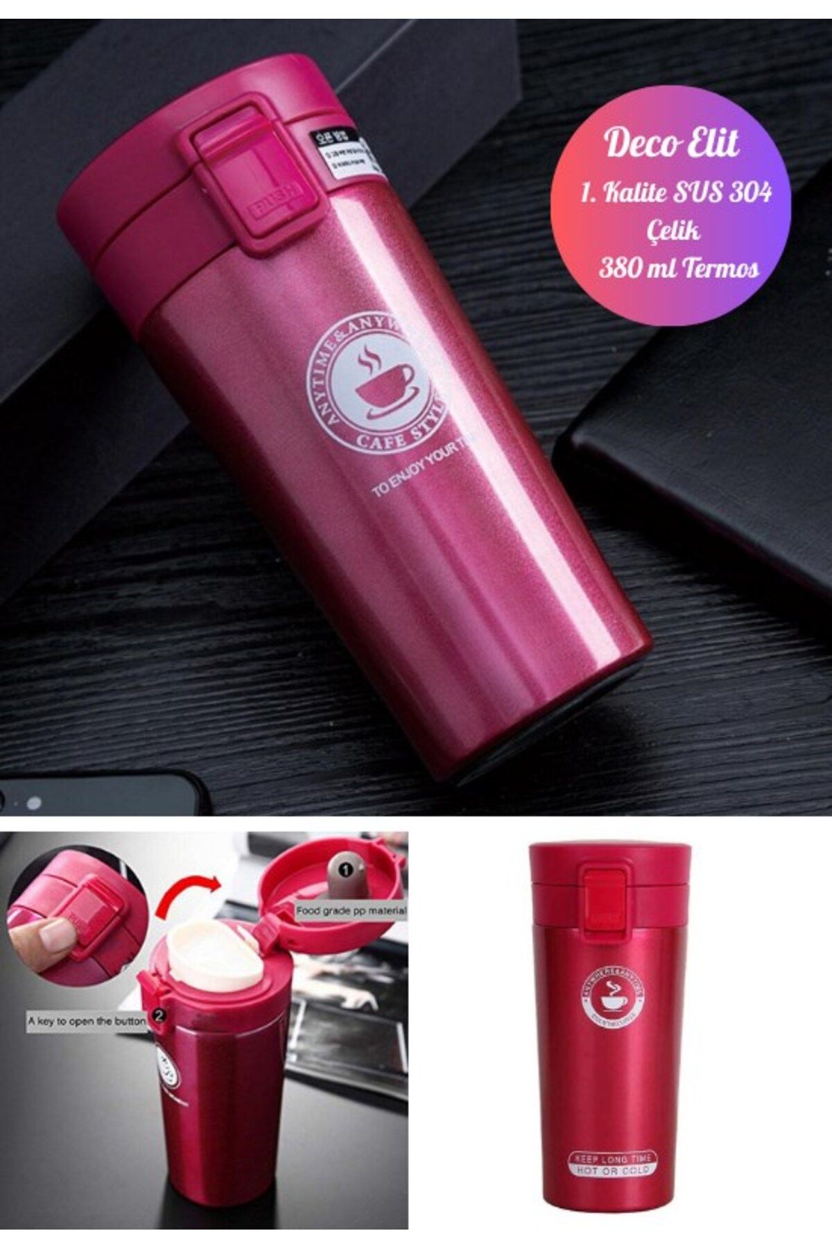 BiTon Toptan Pembe Mug Termos 12 Saate Kadar Sıcak Soğuk Tutma Filtreli Çift Katmanlı SUS 304 380ml